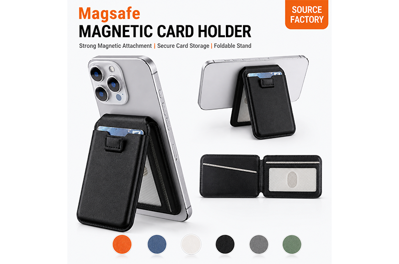 5-Card Magnetic Leather Phone Card Holder with RFID Blocking and Folding Kickstand (Support OEM/ODM)